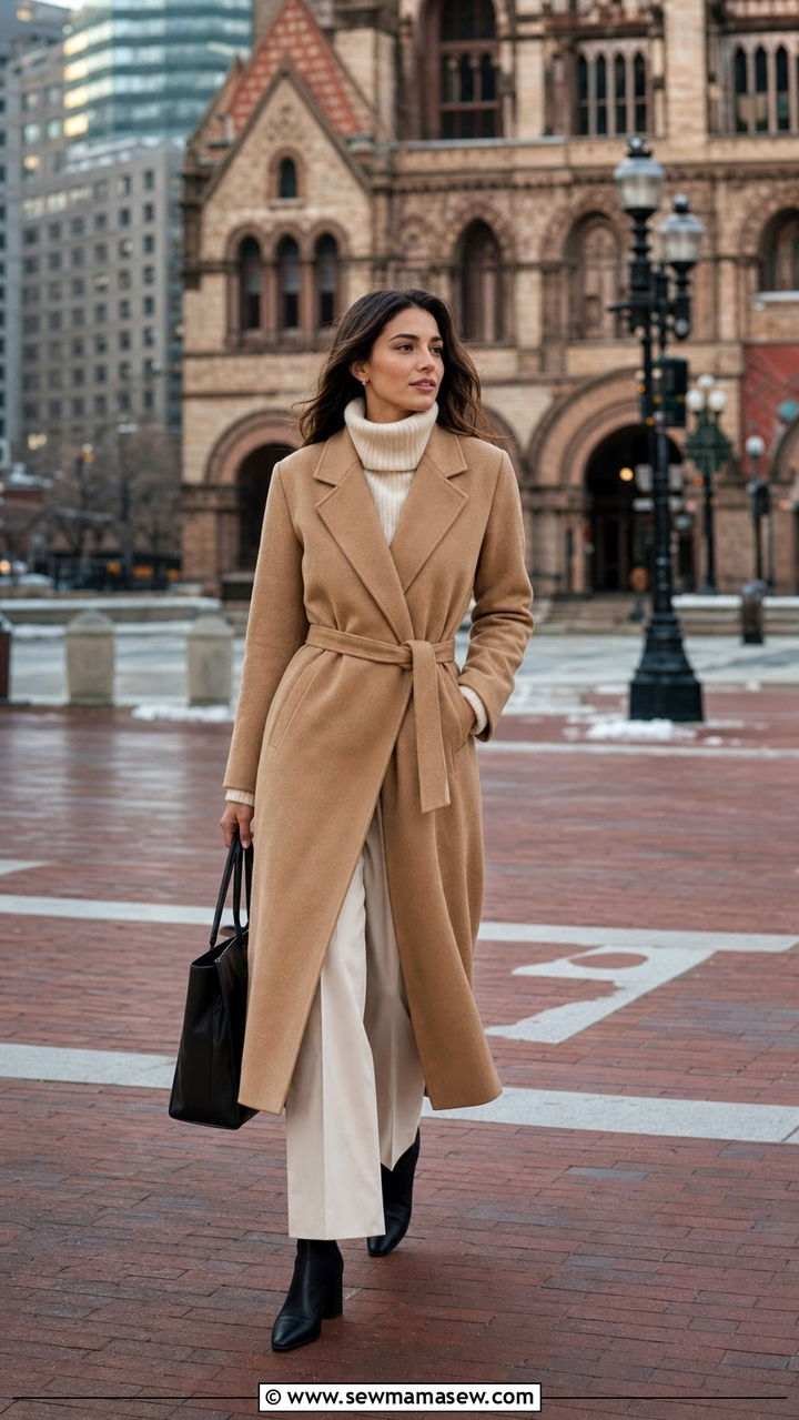Wool Wrap Coat Cashmere Turtleneck Trousers Outfit - 35 Boston outfit ideas