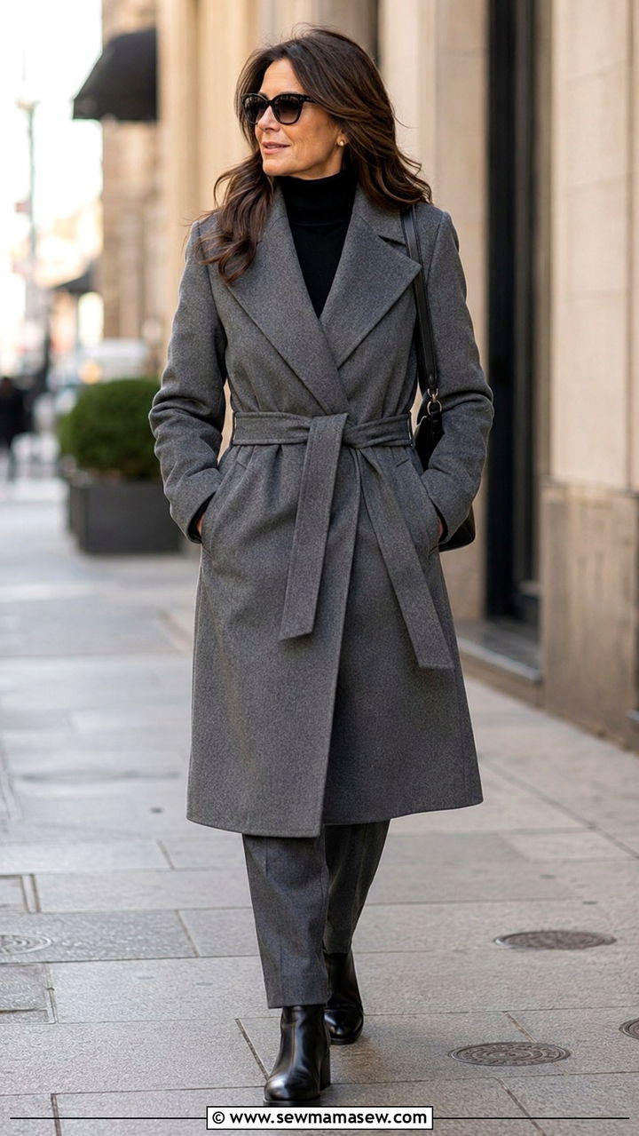 Wool Wrap Coat Over Fine Knit Turtleneck and Straight Trousers - 30 Capsule wardrobe women over 40