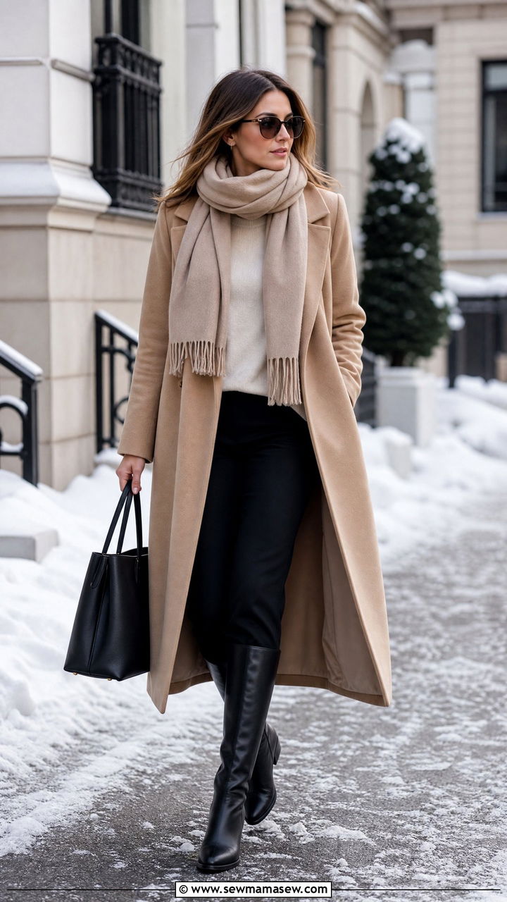 Wool Wrap Coat and Cashmere Scarf Winter Outfit - 30 minimalist capsule wardrobe outfits