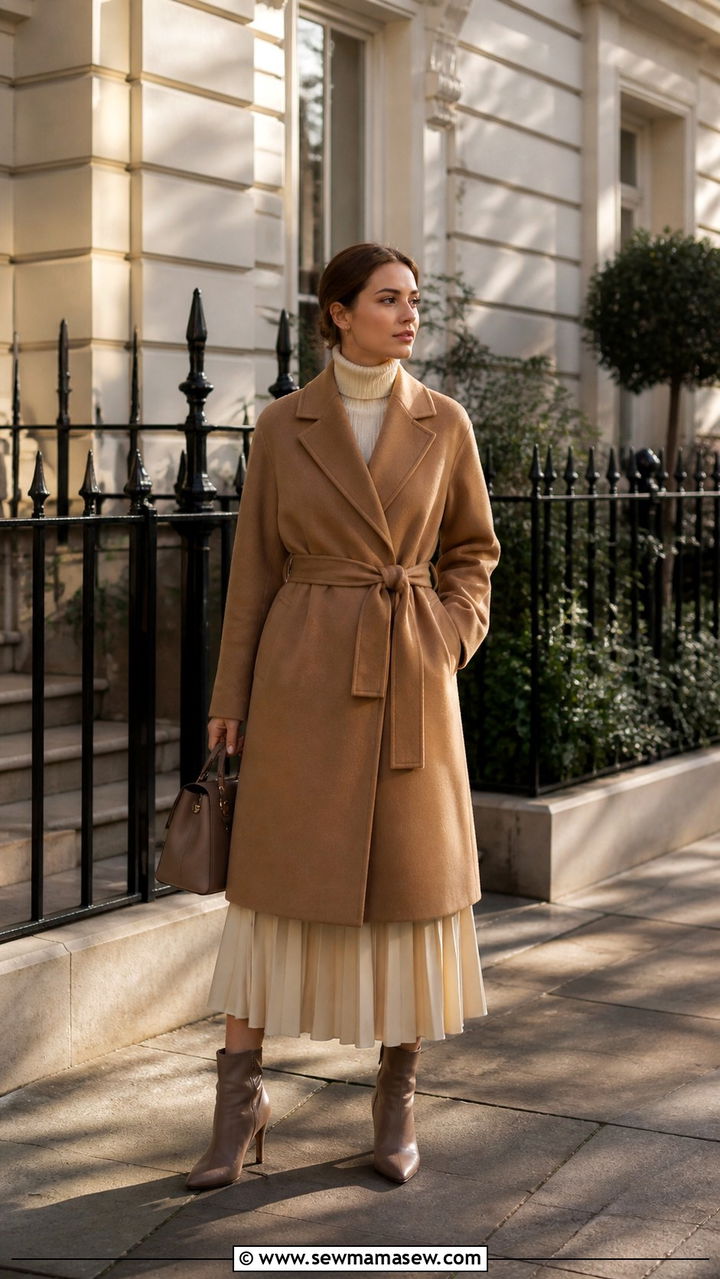 Wool Wrap Coat over Roll Neck and Pleated Skirt - 40 old money outfits ideas