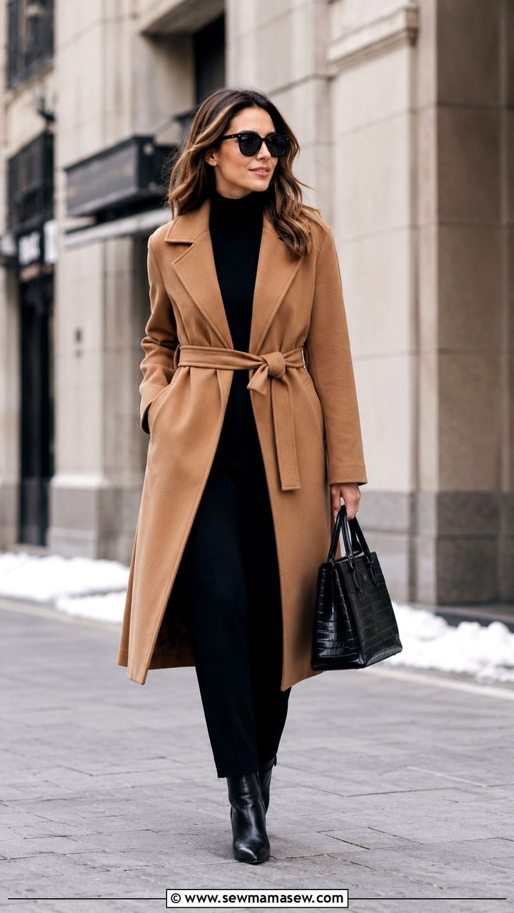 Wool Wrap Coat with All Black Base and Leather Boots - 20 Quiet luxury outfit ideas for women over 50