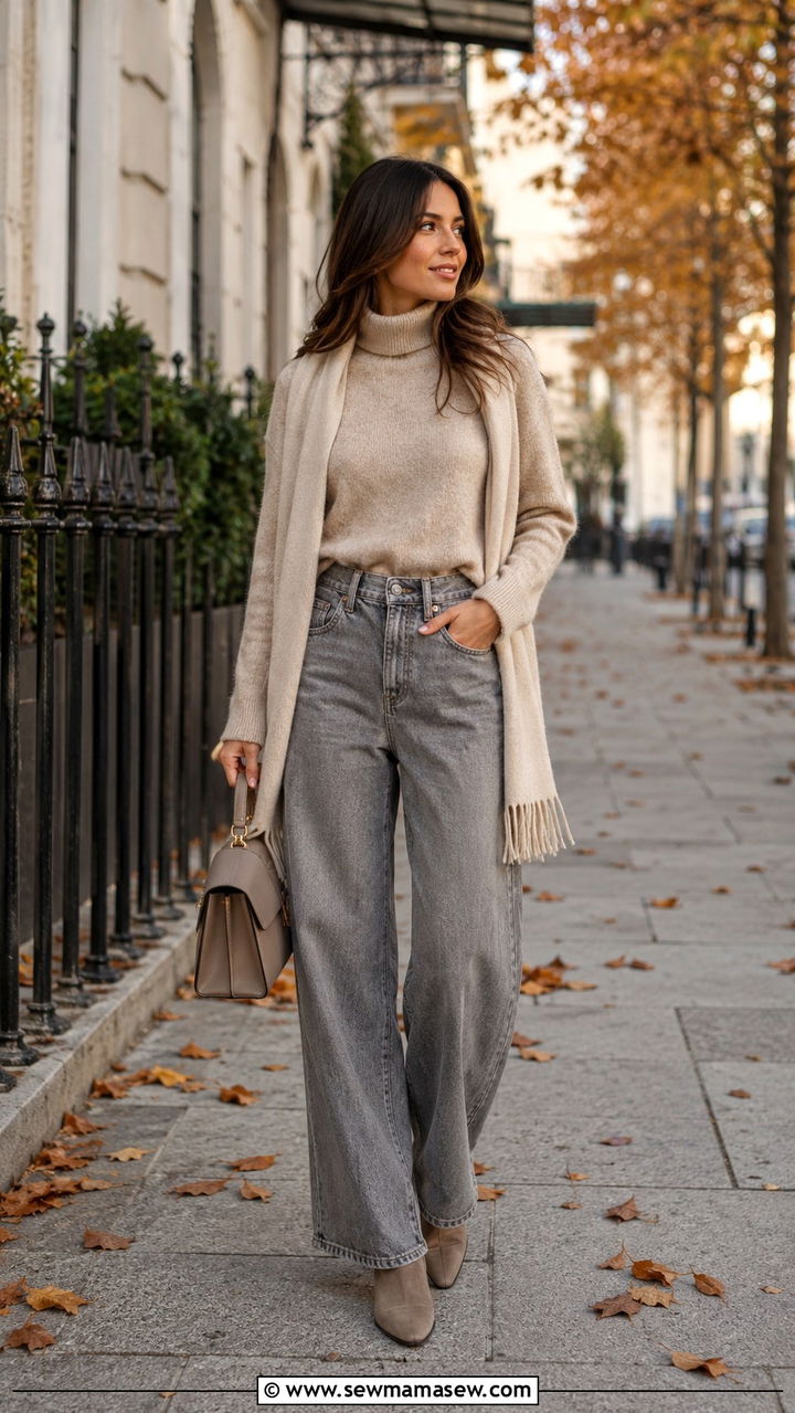 Wool beige turtleneck with grey baggy jeans - 25 windy day outfits 2026