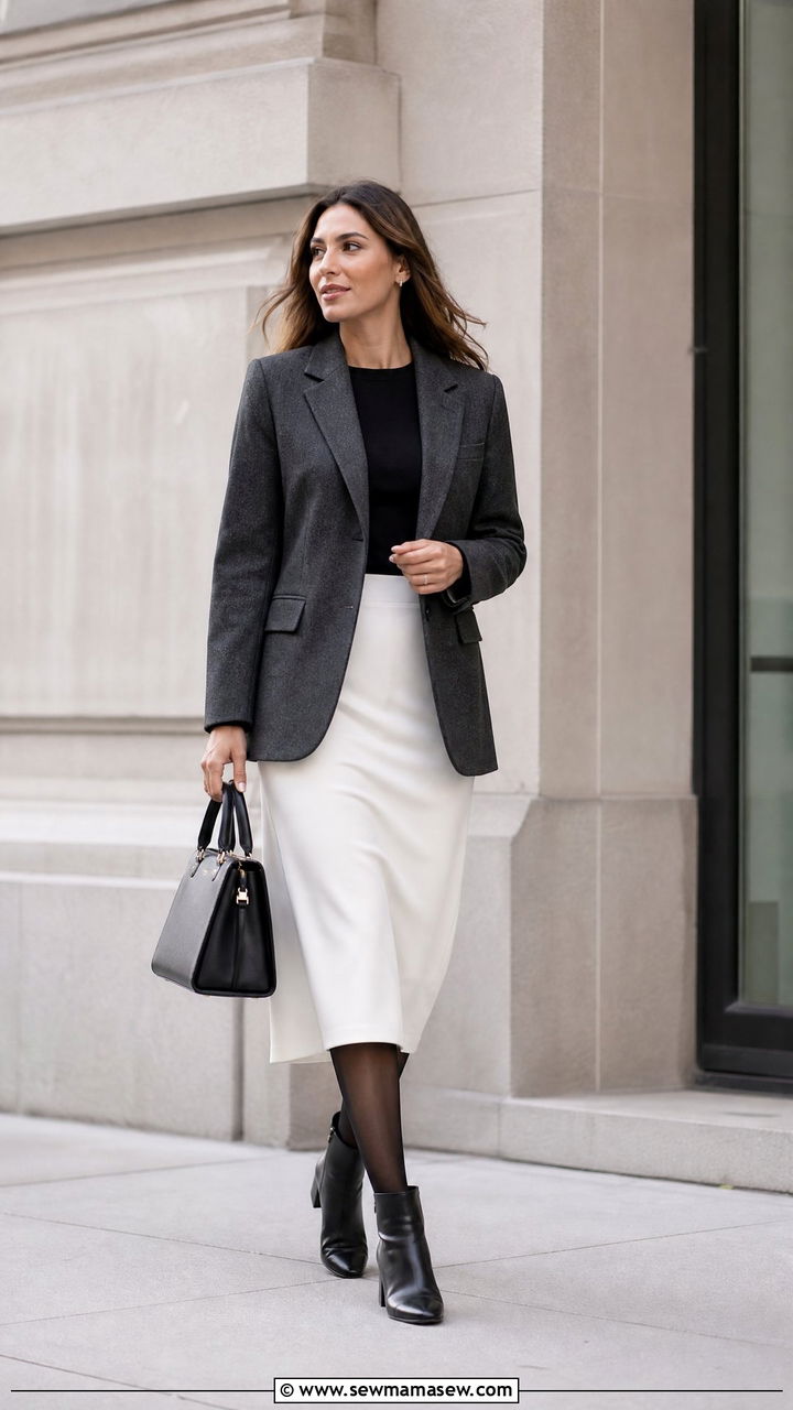 Wool blazer over white midi skirt - 35 Job interview outfits for women