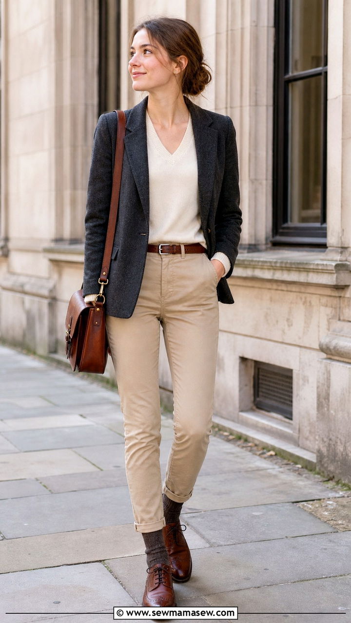 Wool blazer with V neck sweater and chinos outfit - 40 light academia outfits