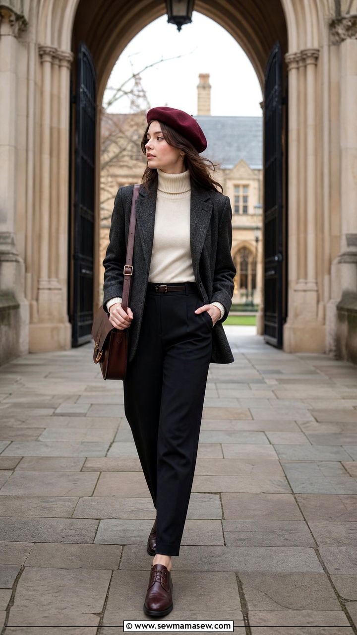 Wool blazer with beret and satchel bag outfit - 25 classy dark academia outfit ideas