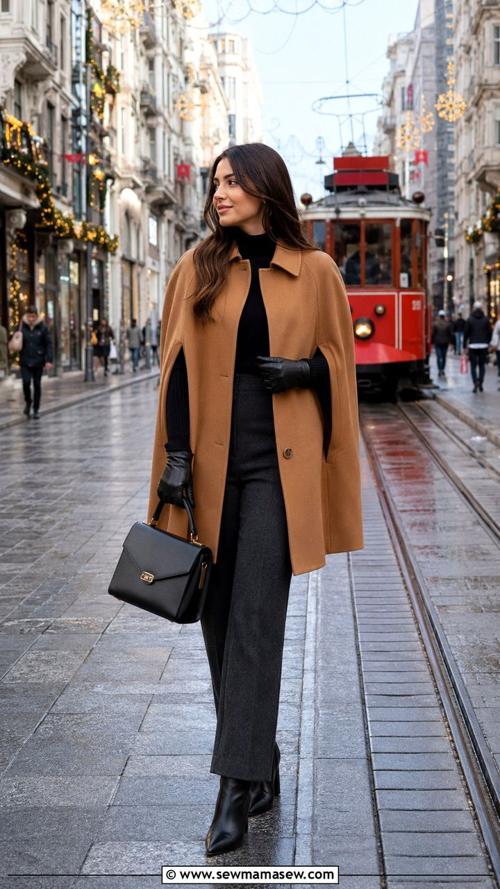 Wool blend cape coat with straight trousers Istanbul winter outfit - 30 Istanbul outfit ideas