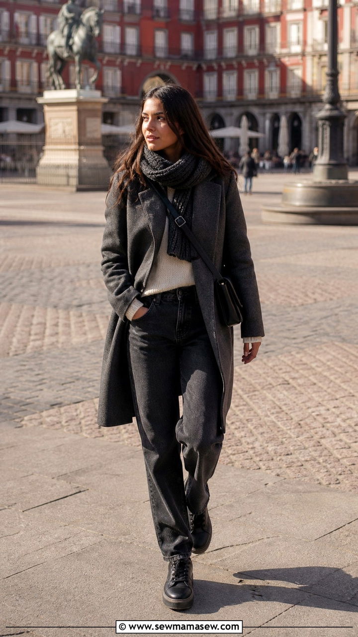 Wool blend coat with a chunky scarf and relaxed straight leg denim - 40 What to wear in Madrid