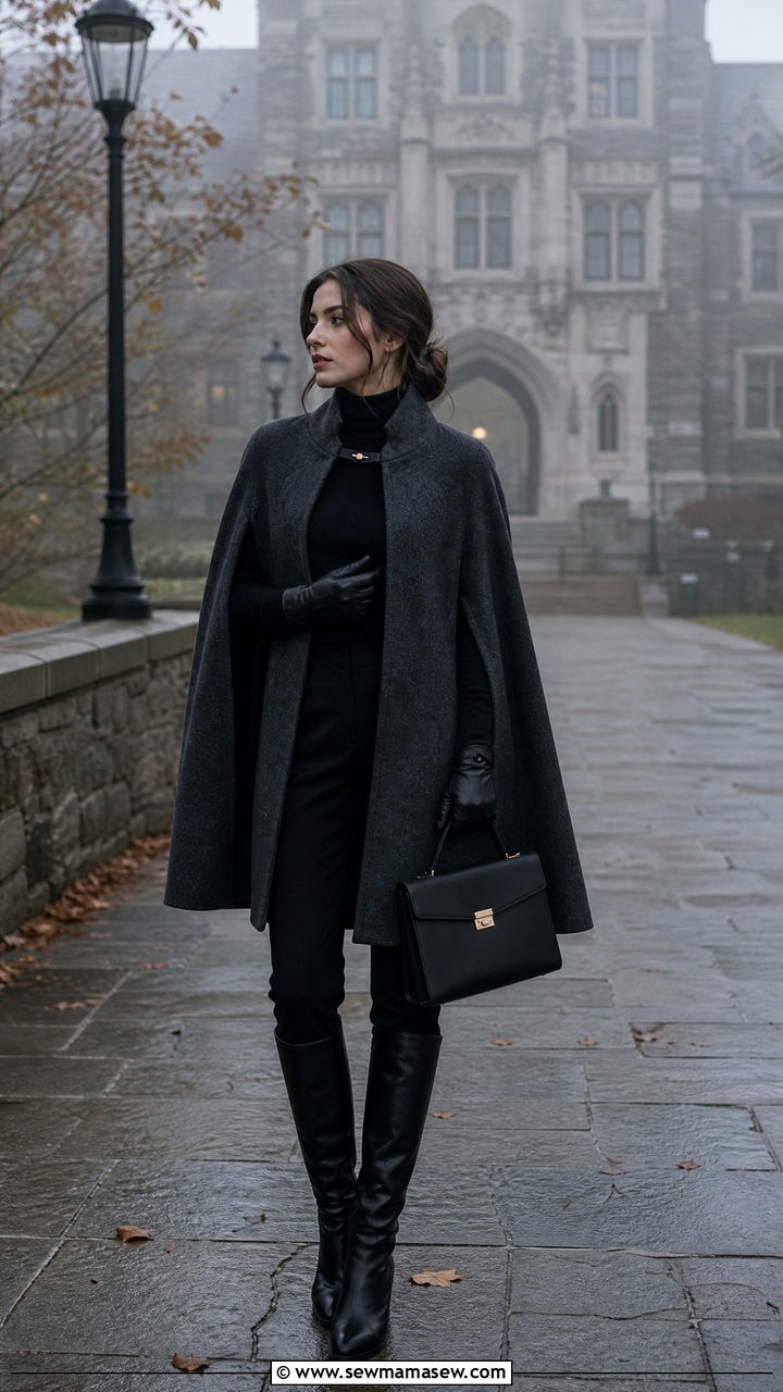 Wool cape over high neck sweater - 30 Dark academia school outfits