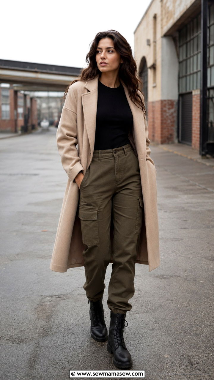 Wool coat and cargo pants with combat boots - 30 How to style a wool coat