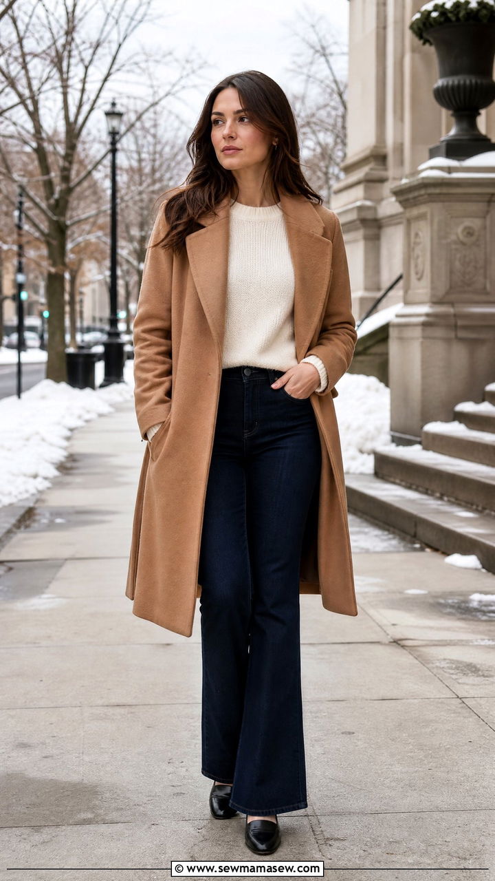 Wool coat and flare jeans with leather loafers - 30 Flare jeans outfit ideas with loafers