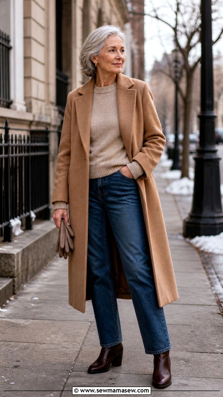 Wool coat and straight jeans outfit for women over 60 - 40 How to dress in your 60s
