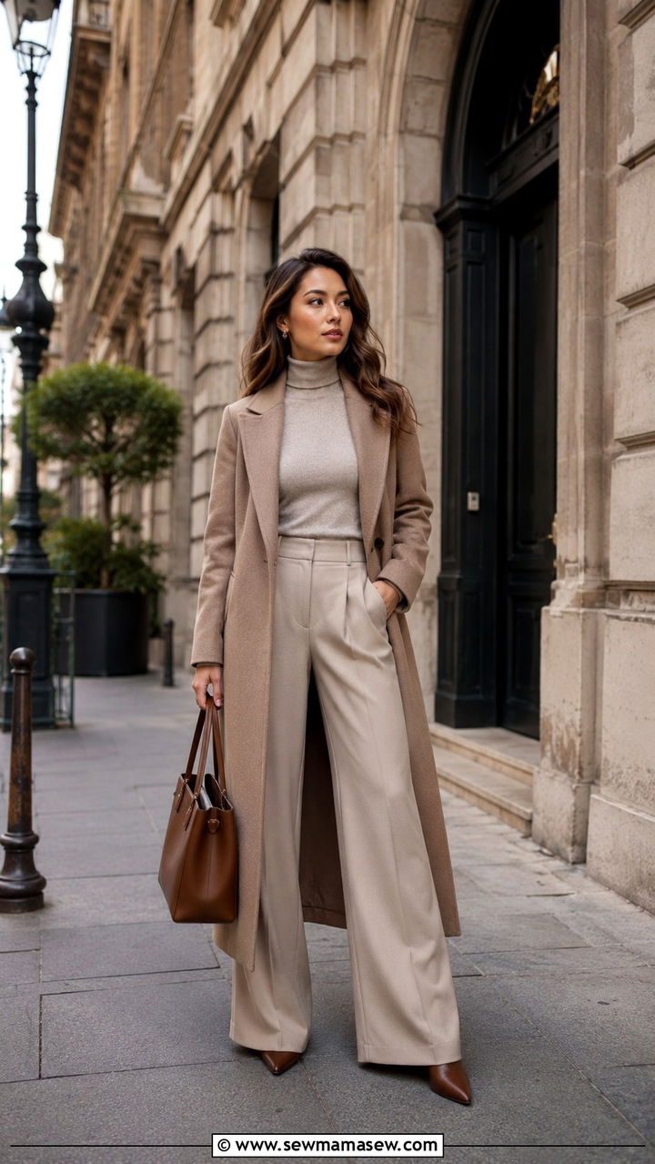 Wool coat and wide leg trousers elevated travel outfit - 25 Petite travel outfit ideas