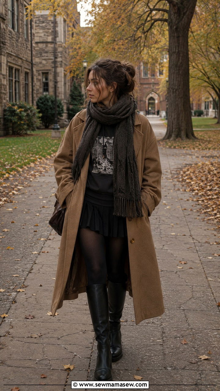 Wool coat over a graphic hoodie and a pleated skirt - 30 Chaotic academia outfit ideas