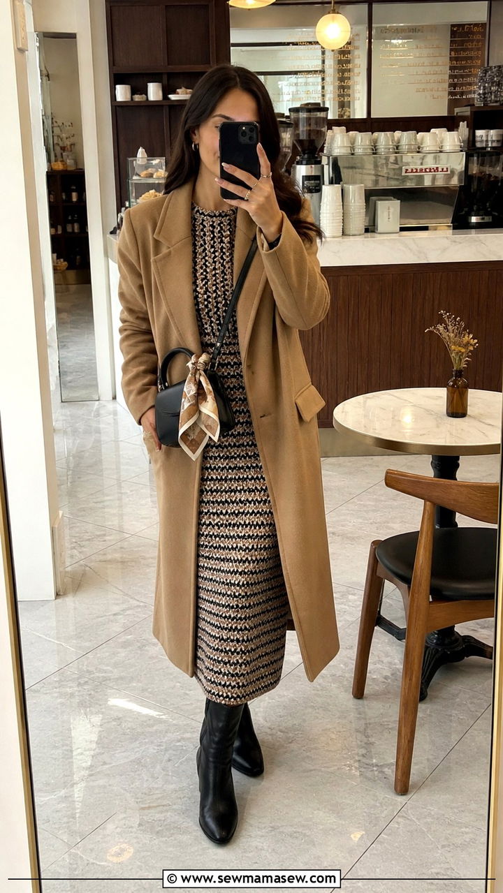 Wool coat over a midi dress brunch outfit - 40 Chic brunch outfit ideas