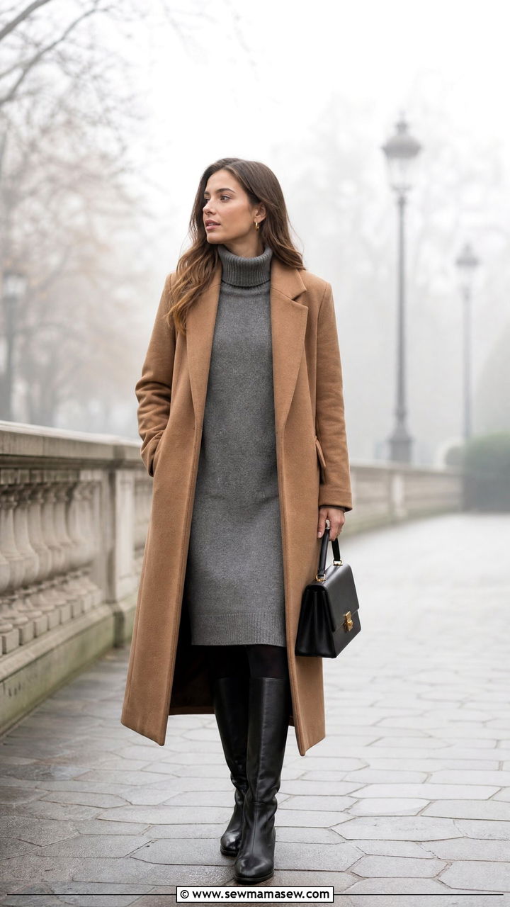 Wool coat over a midi sweater dress and tights - 25 Foggy day outfit ideas
