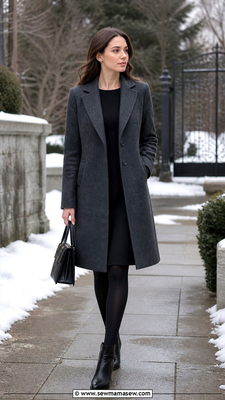 Wool coat over knee length dress funeral outfit - 40 Funeral outfit ideas