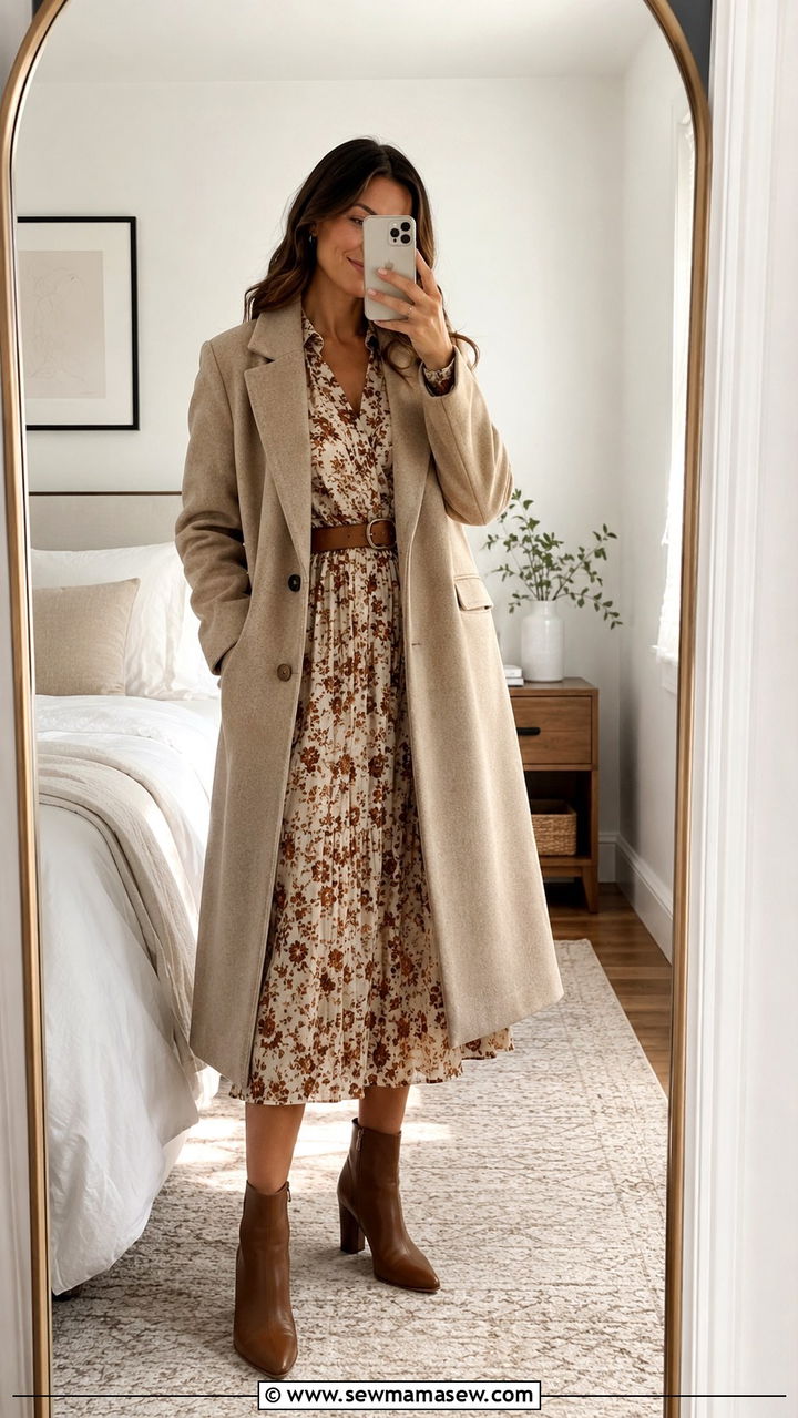 Wool coat over midi dress and boots - 30 How to style a wool coat
