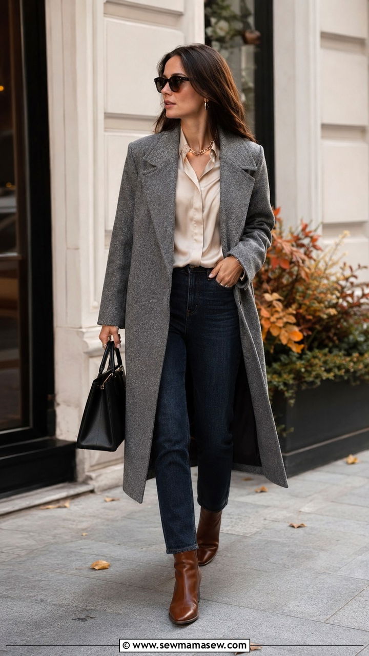 Wool coat over silk blouse and dark jeans - 30 Quiet luxury outfit ideas for brunch