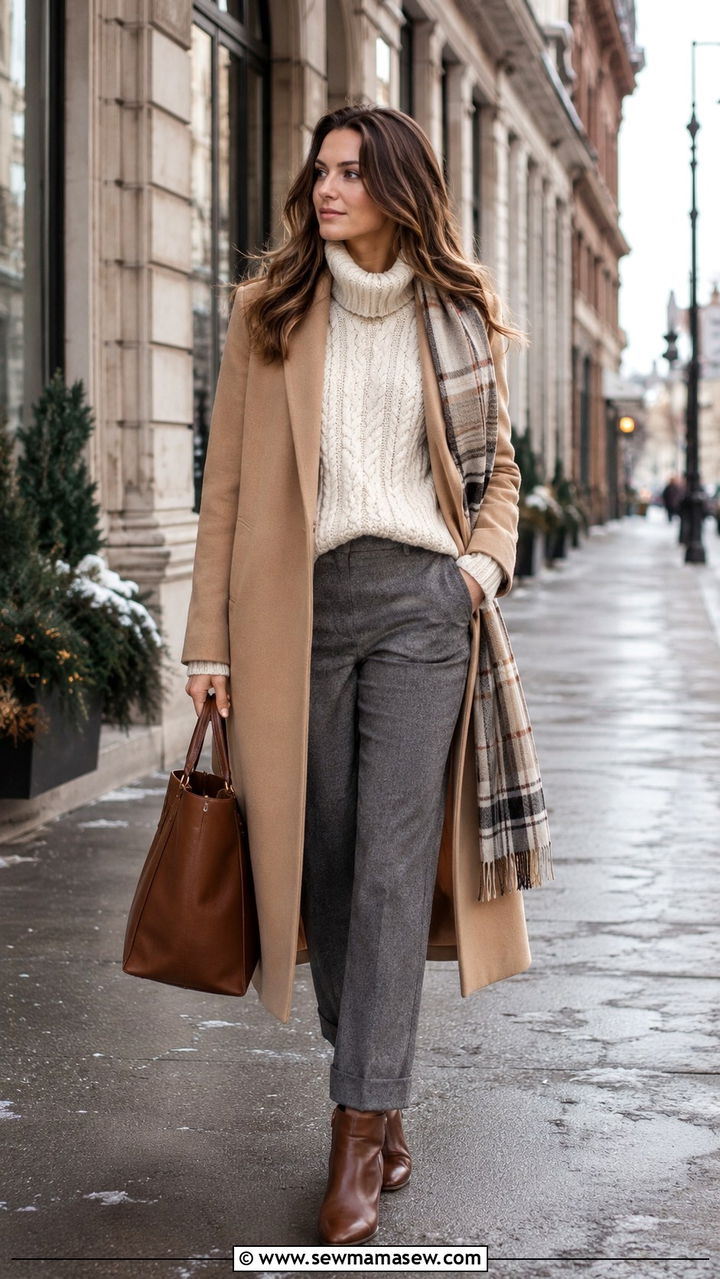 Wool coat with cable knit sweater and tailored trousers - 30 preppy outfits for women