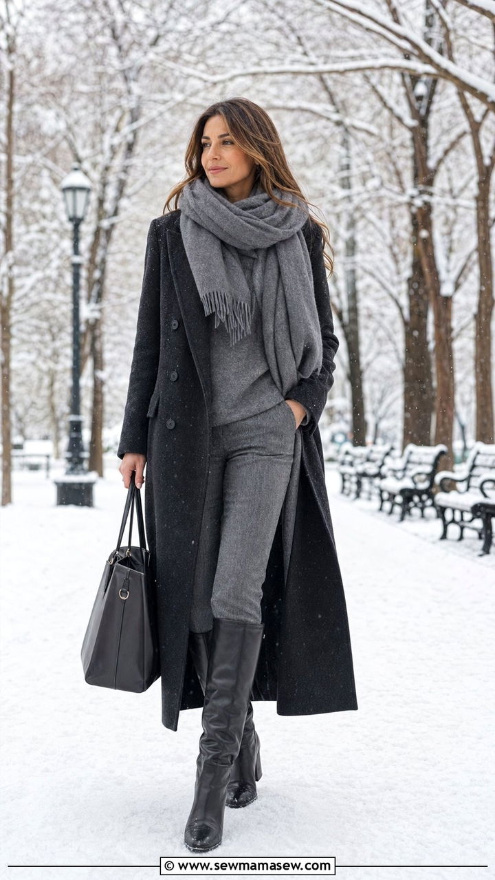 Wool coat with cashmere scarf and knee boots outfit - 35 Ageless outfit ideas