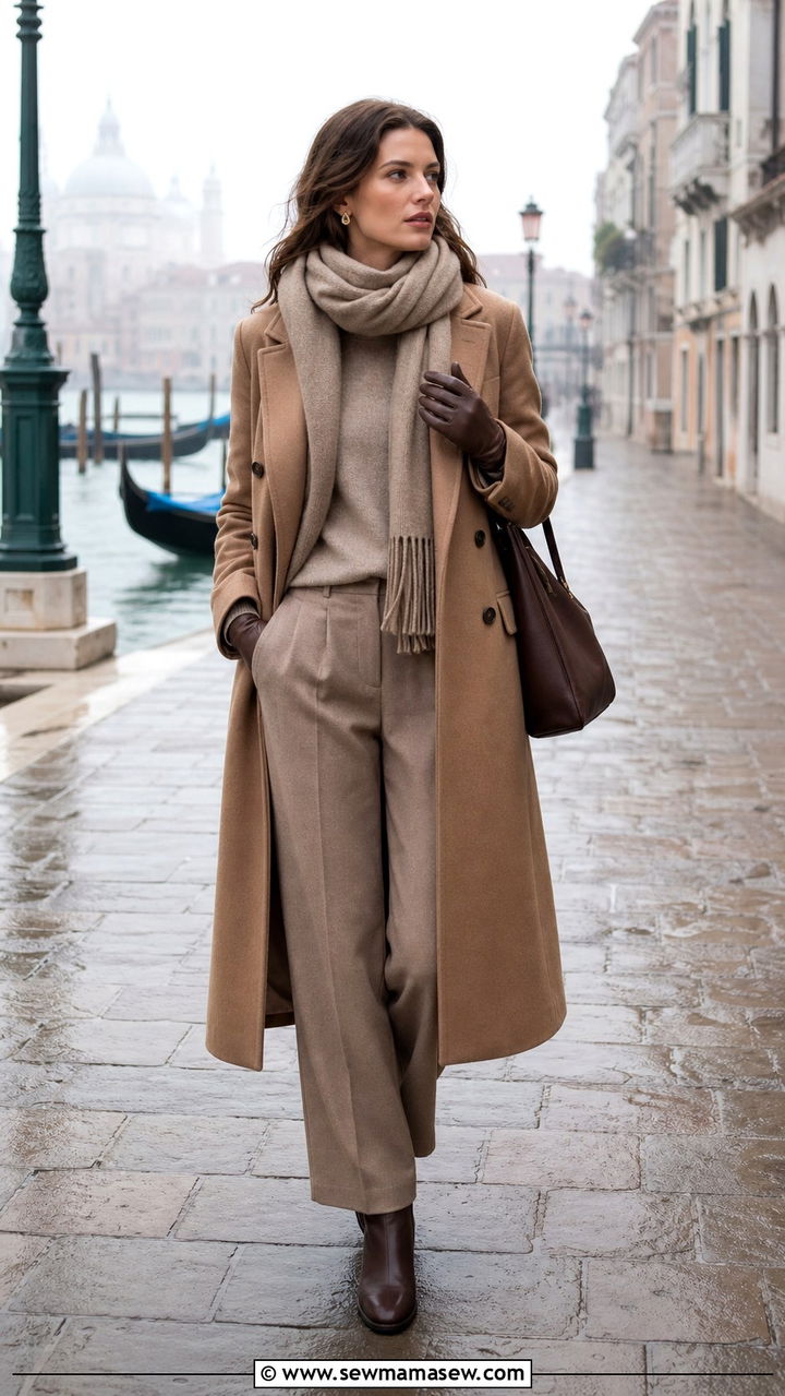 Wool coat with cashmere sweater and trousers Venice winter - 40 What to wear in Venice