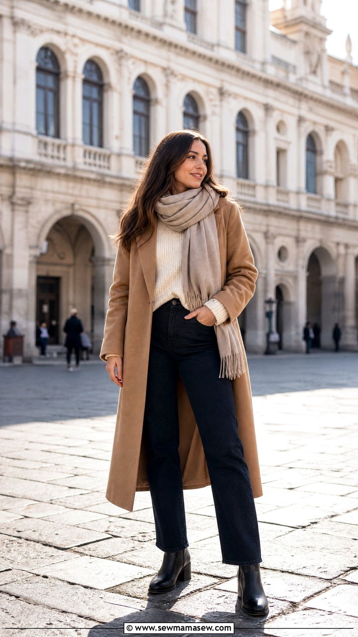 Wool coat with fitted jeans and ankle boots - 25 casual Italy outfits