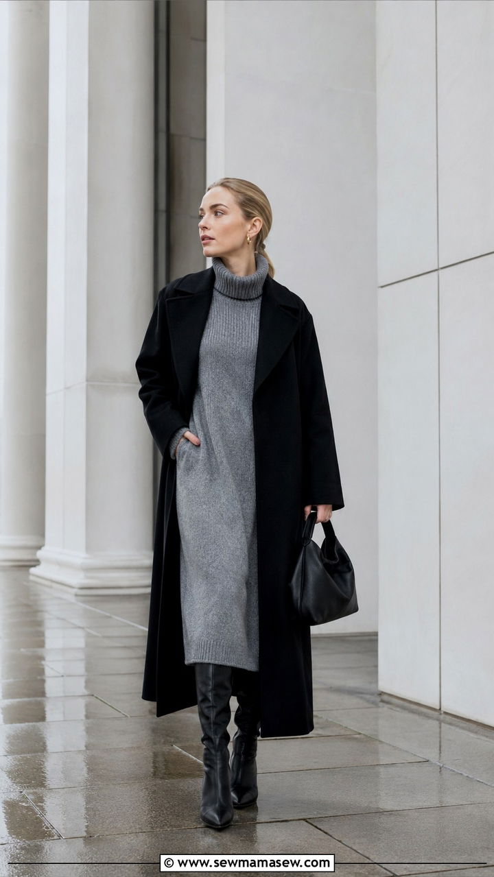 Wool coat with knit dress outfit - 30 scandinavian capsule wardrobe outfits