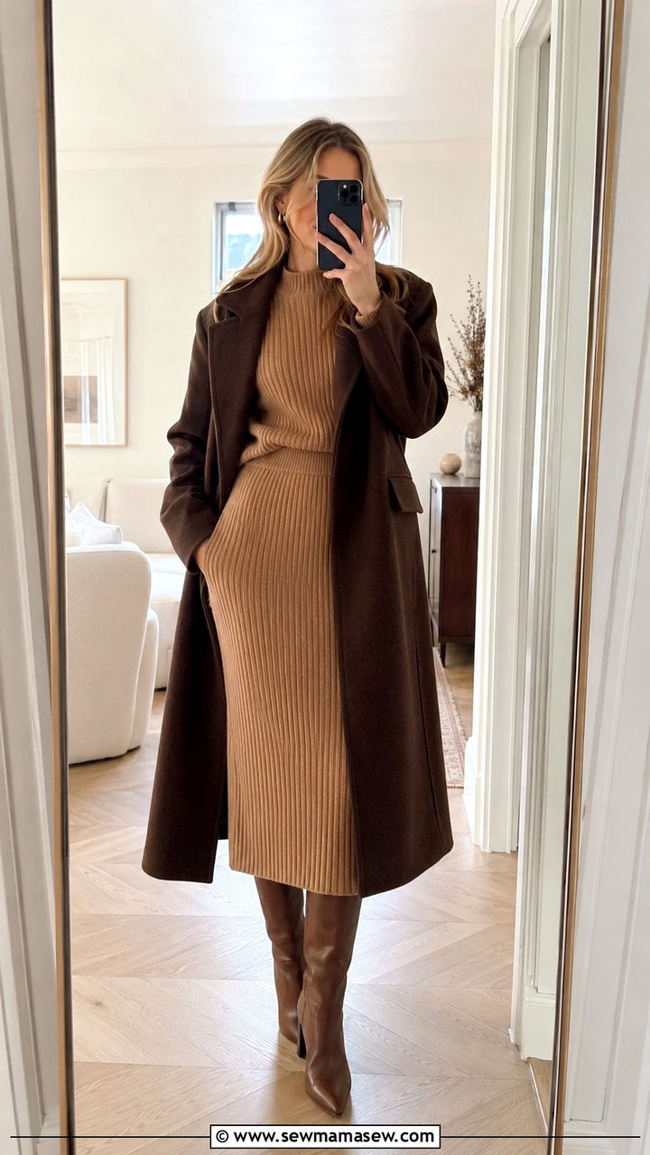 Wool coat with knit midi skirt and boots - 30 How to style a wool coat