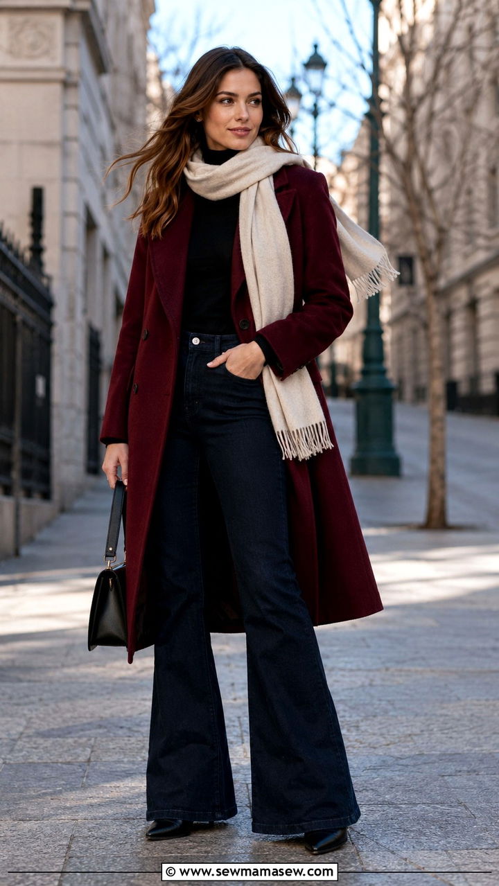Wool coat with scarf and flared jeans - 25 windy day outfits trends