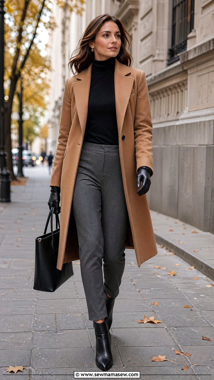 Wool coat with slim trousers and heeled boots - 35 elegant outfits for women