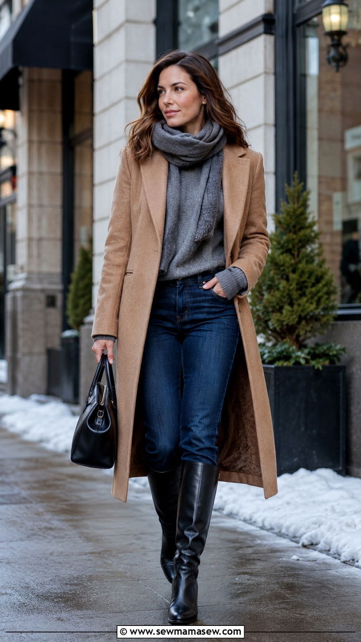 Wool coat with straight leg jeans - 30 Grown woman outfit ideas