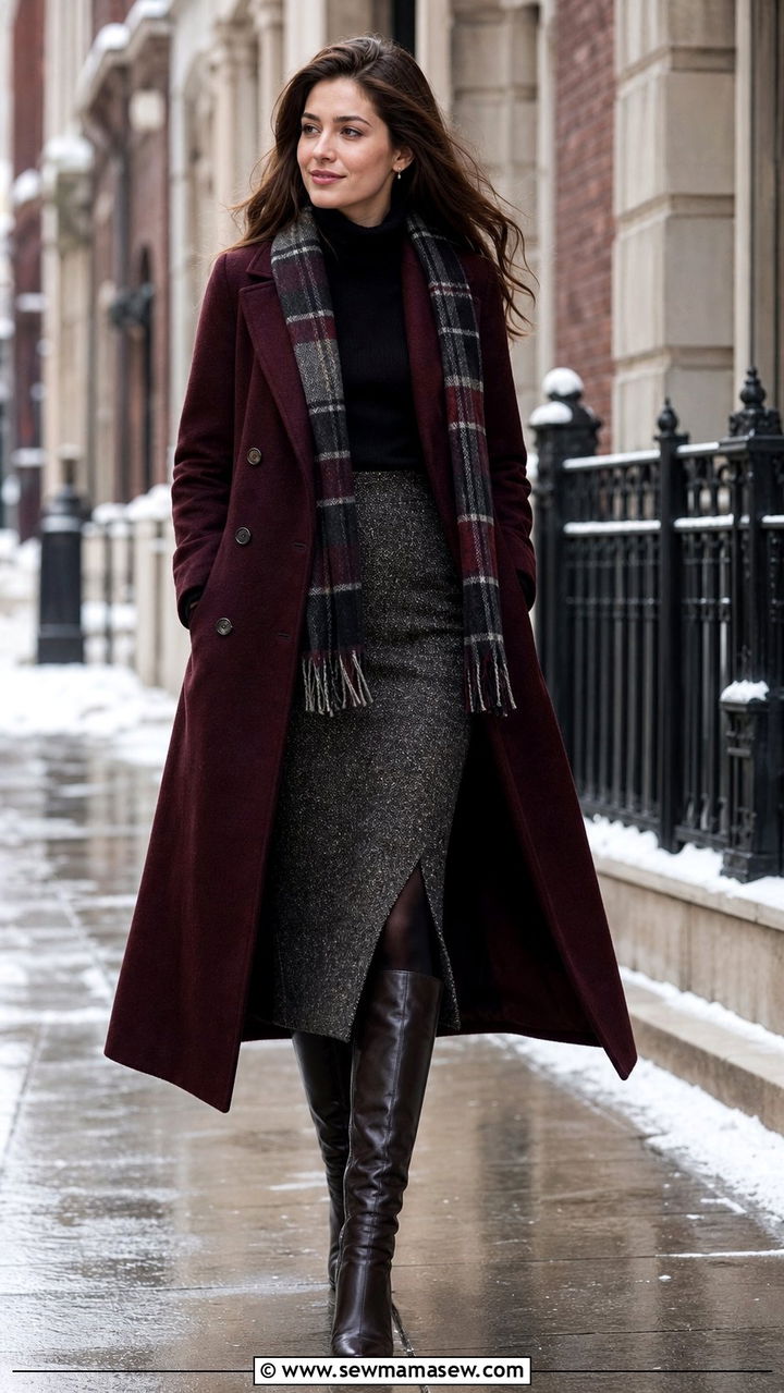 Wool coat with turtleneck and midi skirt - 25 dark academia outfits inspo