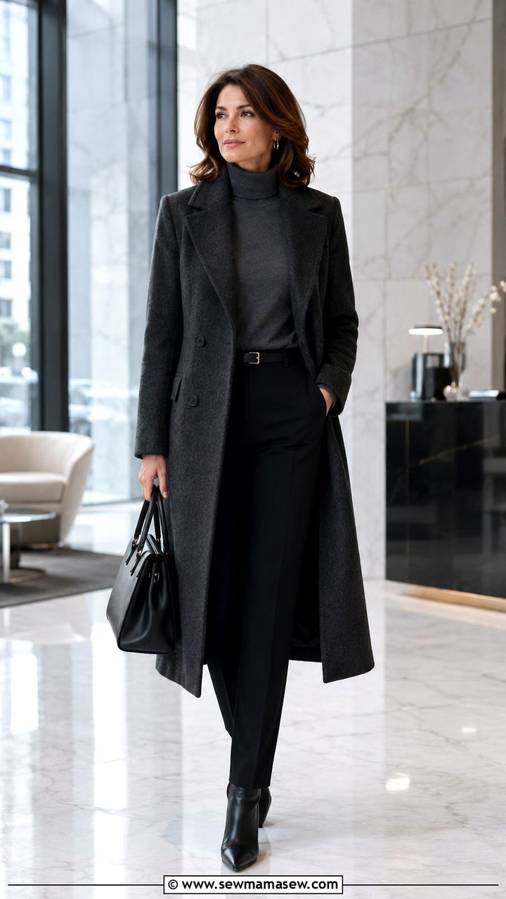 Wool coat with turtleneck and slim pants outfit - 25 Quiet luxury outfit ideas for women over 40