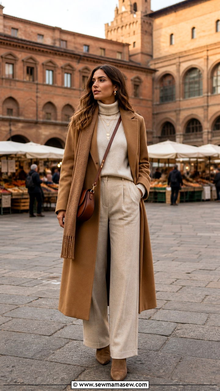 Wool coat with turtleneck and wide leg pants - 40 Italy outfits