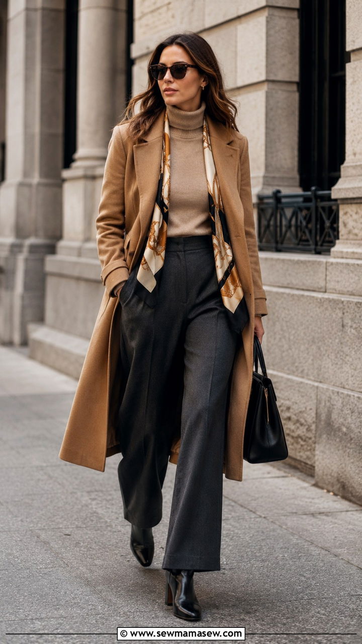 Wool coat with turtleneck and wide leg trousers - 25 seasonal office outfit ideas