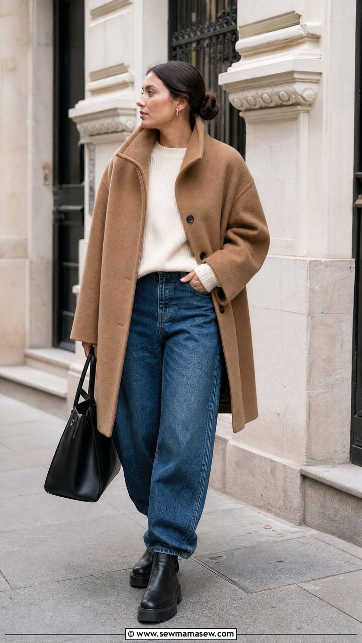 Wool funnel neck coat with balloon jeans - 25 Funnel neck outfit ideas 2026