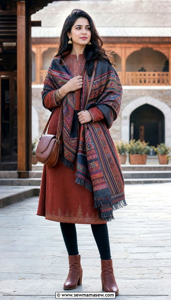 Wool kurta with shawl and leggings - 25 Delhi outfit ideas