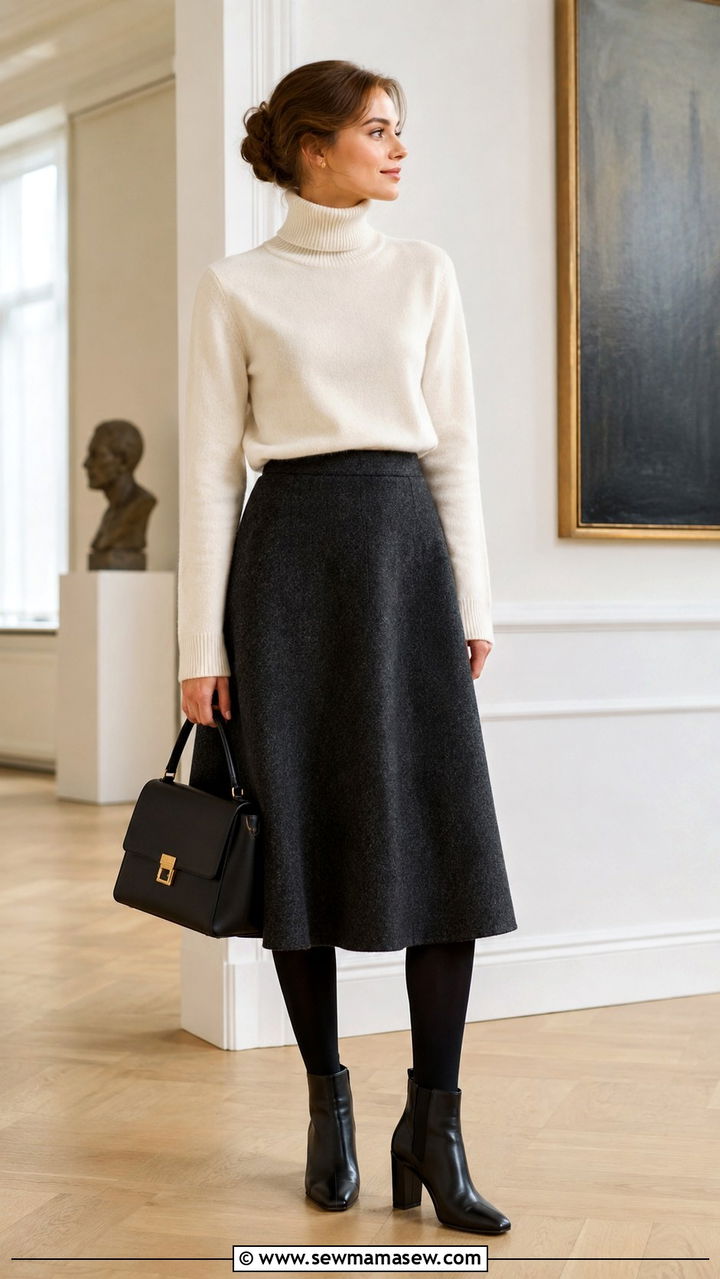 Wool midi skirt and opaque tights - 30 Danish cozy outfit ideas