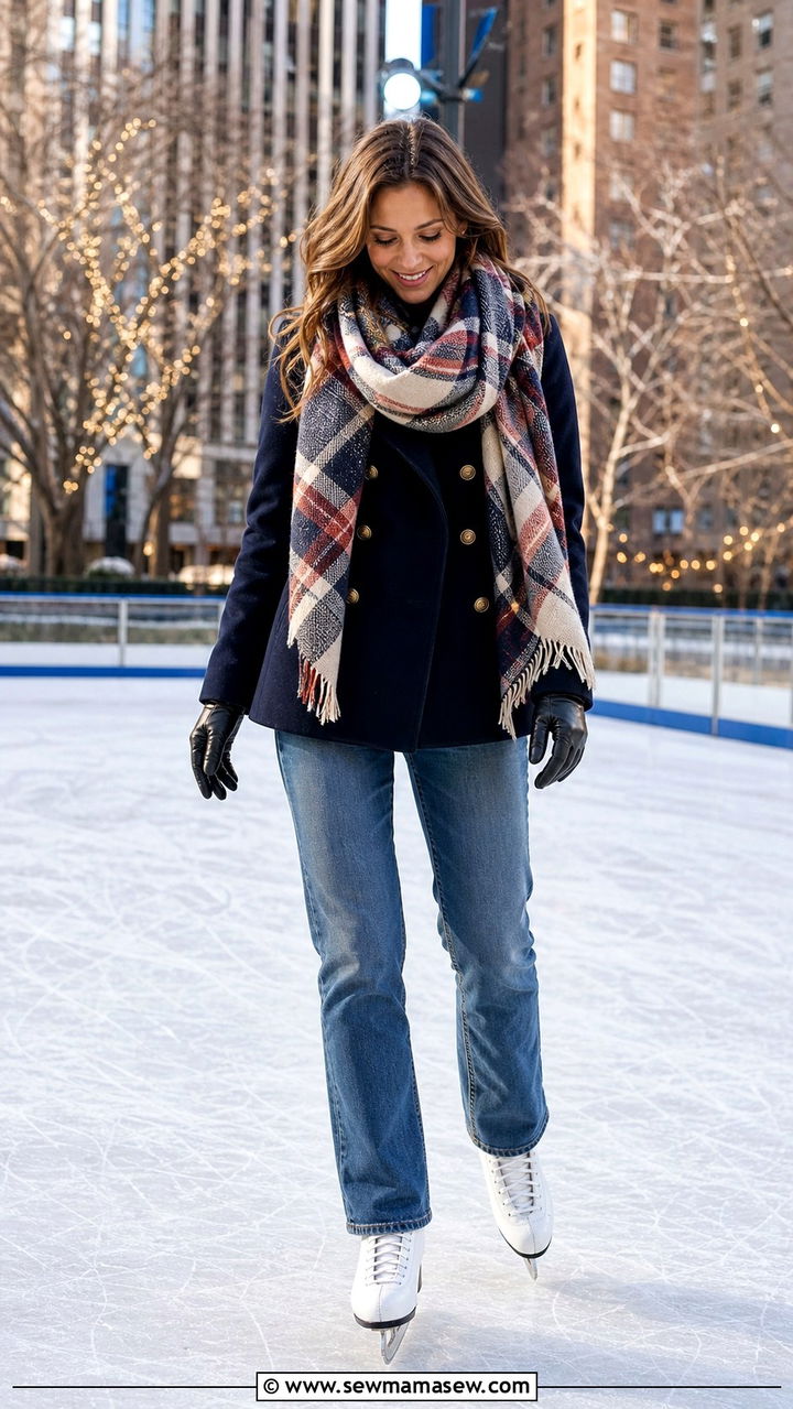 Wool pea coat blanket scarf and straight leg jeans skating look - 40 Ice skating outfit ideas
