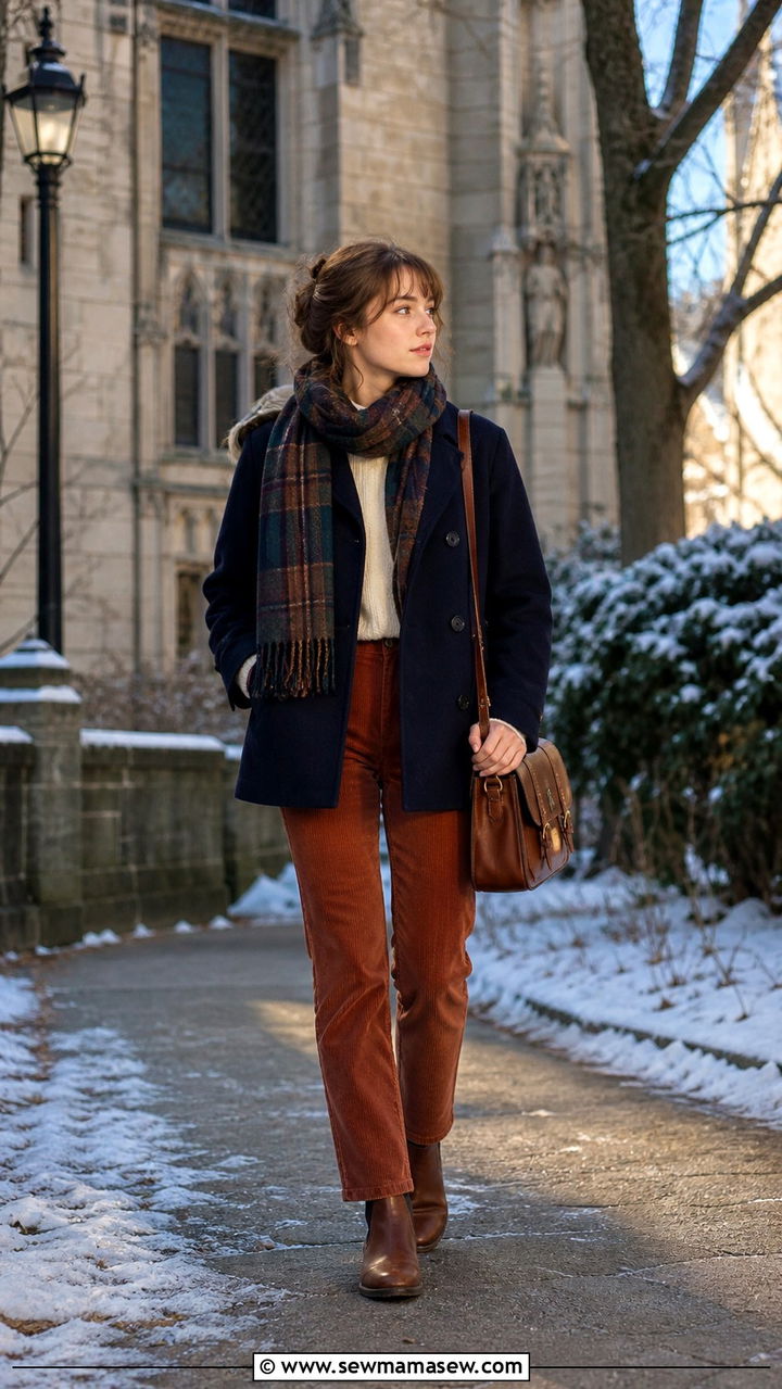 Wool pea coat with crewneck sweater and corduroy pants outfit - 40 light academia outfits