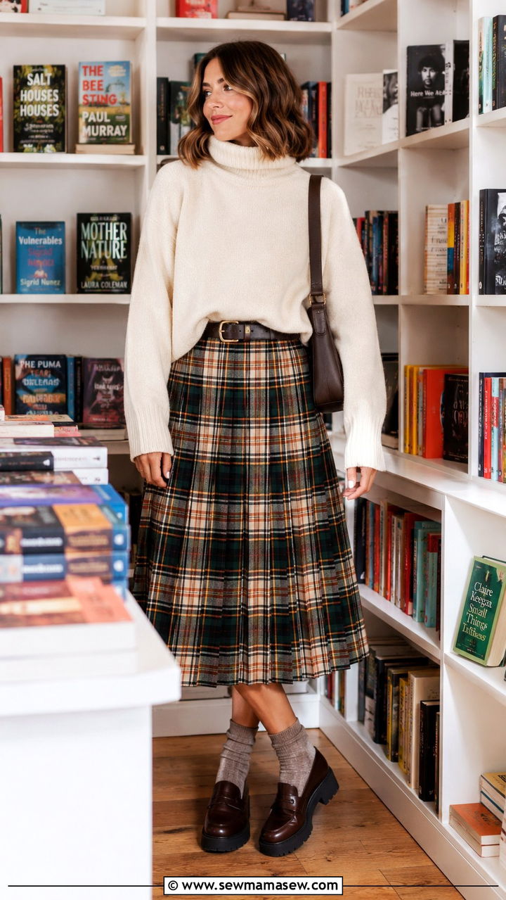 Wool pleated midi skirt with slouchy turtleneck and loafers - 20 Eclectic grandpa outfit ideas 2026