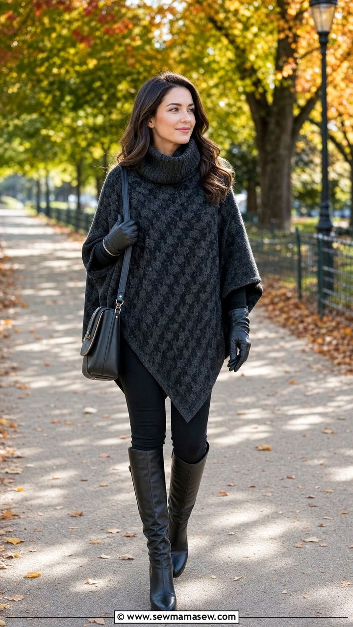 Wool poncho cape with skinny jeans and knee high boots - 25 classy windy day outfits