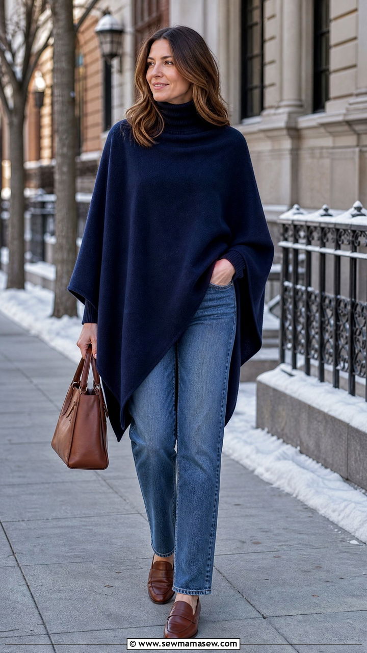 Wool poncho with turtleneck and straight leg jeans - 40 Poncho outfit ideas