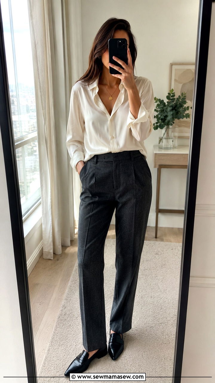 Wool trousers and silk blouse outfit - 30 transitional work outfit ideas