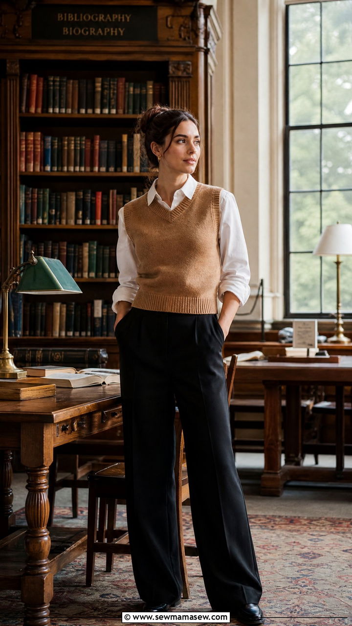 Wool vest over white button down with black trousers - 35 Librarian outfit ideas for work