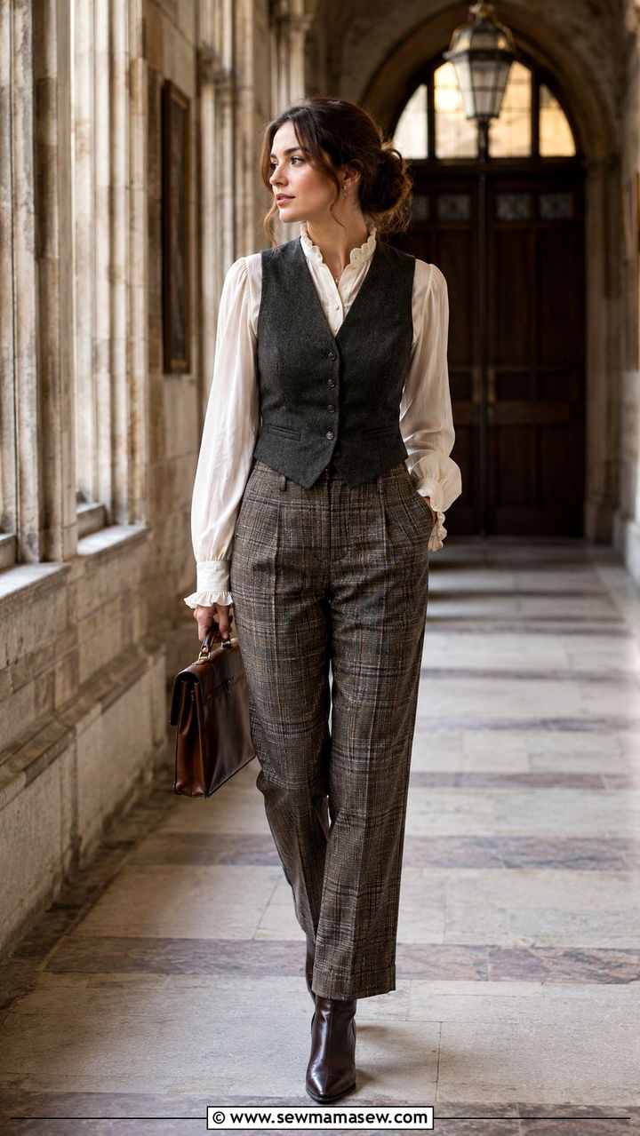Wool waistcoat over ruffled blouse and plaid trousers - 25 Poetcore outfit ideas college professor aesthetic