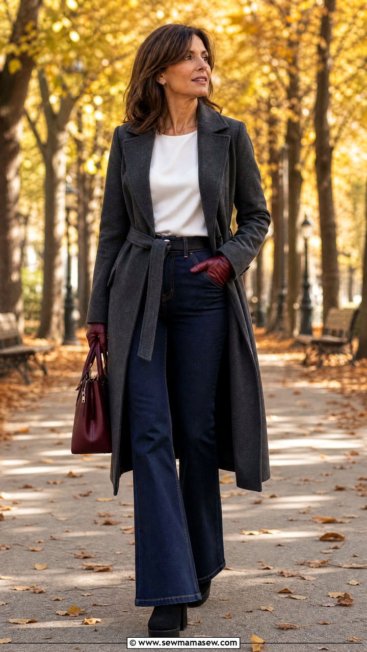 Wool wrap coat with jeans and tee - 35 French girl outfit ideas for women over 40