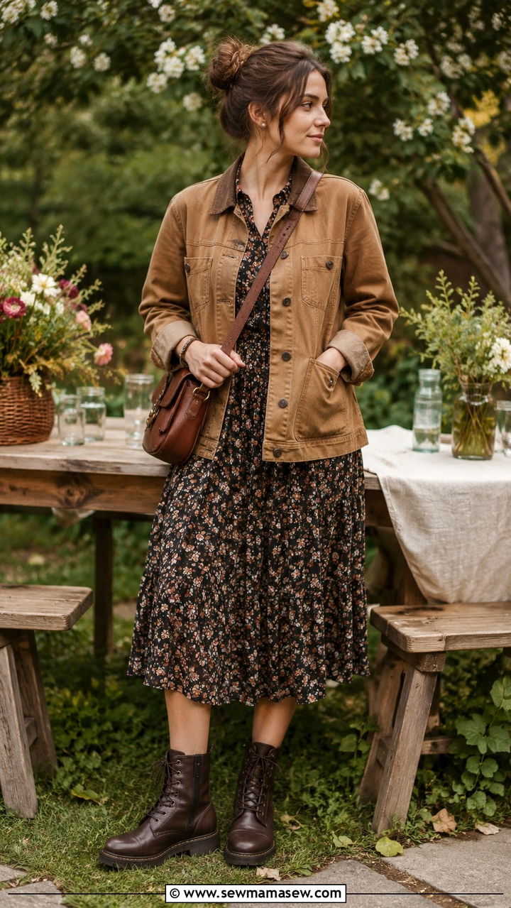 Worker Jacket With a Floral Midi Dress and Lace Up Boots - 20 Eclectic grandpa outfit ideas women