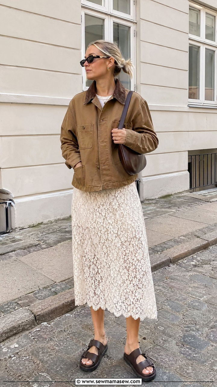 Workwear jacket with lace skirt outfit - 35 Copenhagen outfits