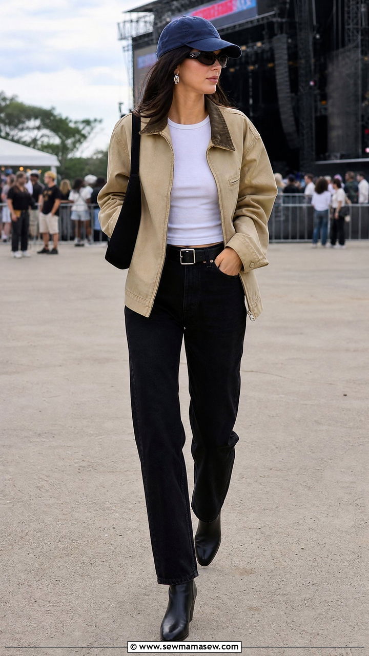 Workwear jacket with relaxed jeans and boots - 35 Kendall Jenner spring outfit ideas